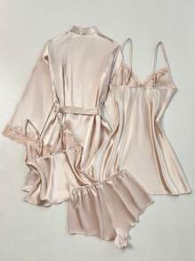 SilkySpell 4pcs Pajama Set: Embroidered Trim V-Neck Faux Silk Cami Sleep Dress And Cami Top & Shorts And Belted Robe, Fall Winter Clothes