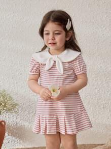 Blossori Baby Girls' Spring/Summer Pink Stripe Color Block Collar Knitted Dress - Multicolor - View 4