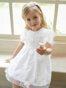 女童优雅圆领花卉贴花泡泡袖网眼蓬蓬连衣裙，春/秋