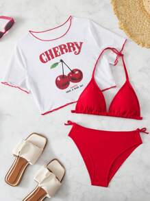 Conjunto de bikini con camiseta de manga corta blanca con estampado alegre de cerezas y lazo rojo para adolescentes, ideal para vacaciones y playa de verano