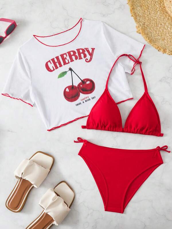 SHEIN Conjunto de bikini con camiseta de manga corta blanca con estampado alegre de cerezas y lazo rojo para adolescentes, ideal para vacaciones y playa de verano