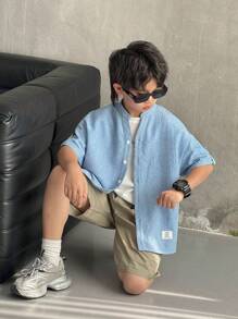 Tween Boy Oversized Casual Stand Collar Short Sleeve Shirt, Suitable For Kids, Back To School, Boys Sets For Birthday Parties, Evening Parties, Performances, Weddings, Baptisms, Opening Ceremonies, Daily Wear, School, Travel, Sports, Spring And Summer