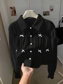 Comfortcana Plus Size Women 3D Bow Long Sleeve Short Blouse, Spring/Summer - Black - View 7