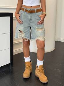 SHEIN Teen Girls' Y2K Summer Street Vintage Retro Washed 2000s Slant Pocket Raw Trim Denim Baggy Ripped Bermuda Long Shorts Baggy Wide Leg Shorts With Raw Hem, Summer Brunch Graduation,Vacation Beach Vacation,Country Concert/Rave - Light Wash - View 5