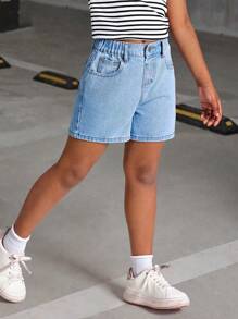 Tween Girls' Bow Embroidered Patch Pockets Casual Fashion Denim Shorts, School, Campus, College