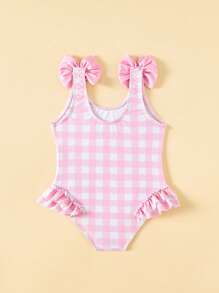 Baby Girl Cute Bow-Decorated Ruffled One-Piece Swimsuit,Light Pink Plaid Swimsuit - Baby Pink - View 2