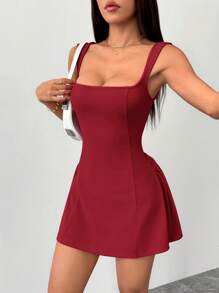 SHEIN PETITE Women's Date Party Solid Color Red Mini A-Plump Square Neck Sexy And Elegant Waist Bud Dress,Summer Dresses For Women