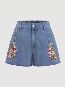 SHEIN MOD Women's Plus Size Floral Embroidered Light Wash Denim Shorts With Zipper Detail And Frayed Hem - Light Wash - View 5