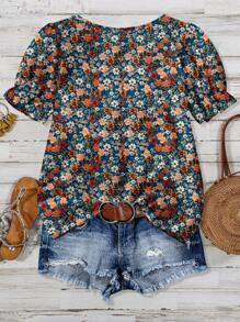 SHEIN LUNE Plus Size Ditsy Floral Casual Shirt, Minimalist Design Suitable For Summer - Multicolor - View 2