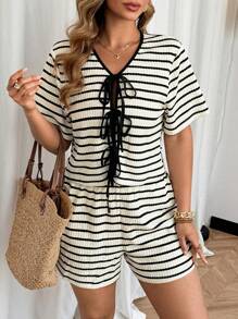 Vionelle Conjunto de 2 piezas de talla grande con top de lazo y shorts a rayas de punto - Multicolor - Ver 6