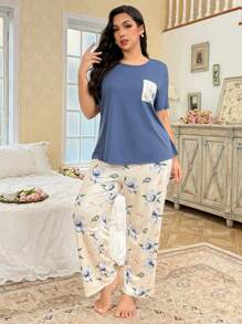 Floral Print Pocket Short Sleeve & Long Pants Contrast Color Plus Size Pajama Set - Blue - View 6