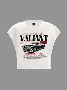 Slaydiva Casual Minimalist VATIANT Slogan Vintage Car Graphic Plus Size T-Shirt,Slightly Sheer Suitable For Summer - White - View 3