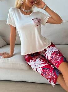 SHEIN Floral Pocket Casual Women 3/4 Pants Pajamas Set - Red - View 5