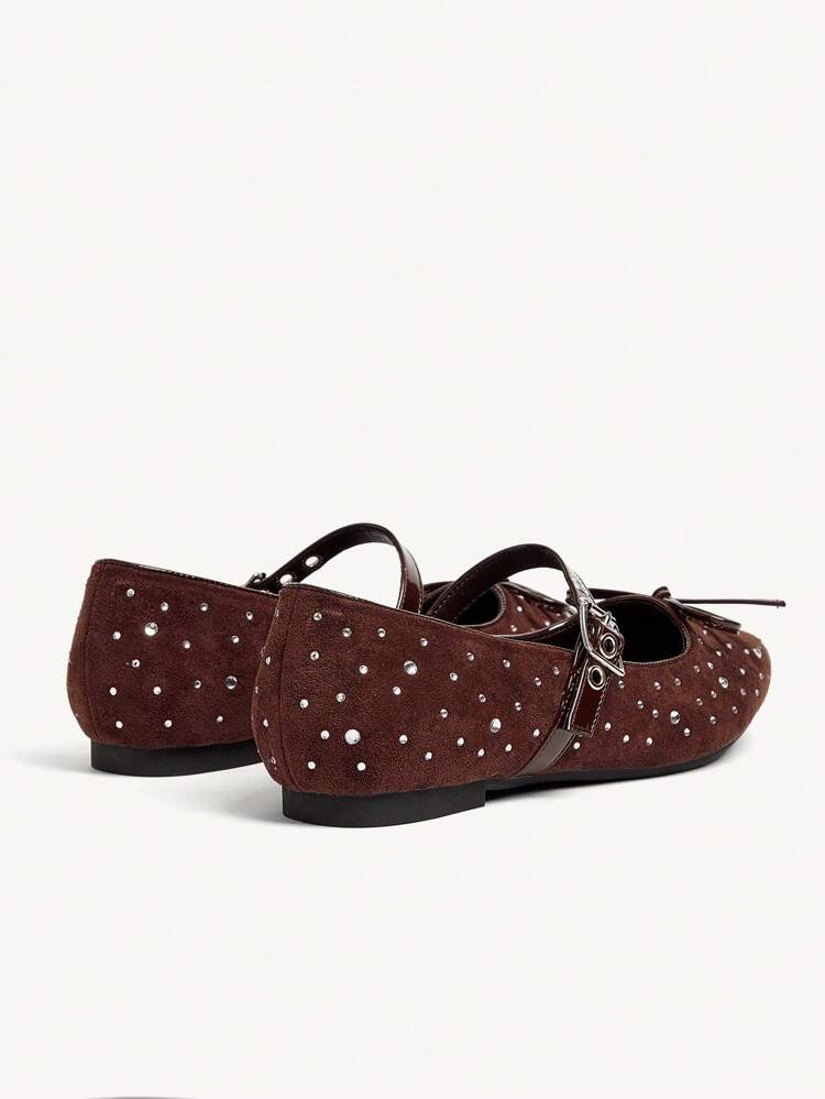 CUCCOO CHICEST Women's Pointed Toe Flats With Bow And Rhinestones Decor, Elegant And Sweet Faux Suede Slip-On Party Shoes, Summer