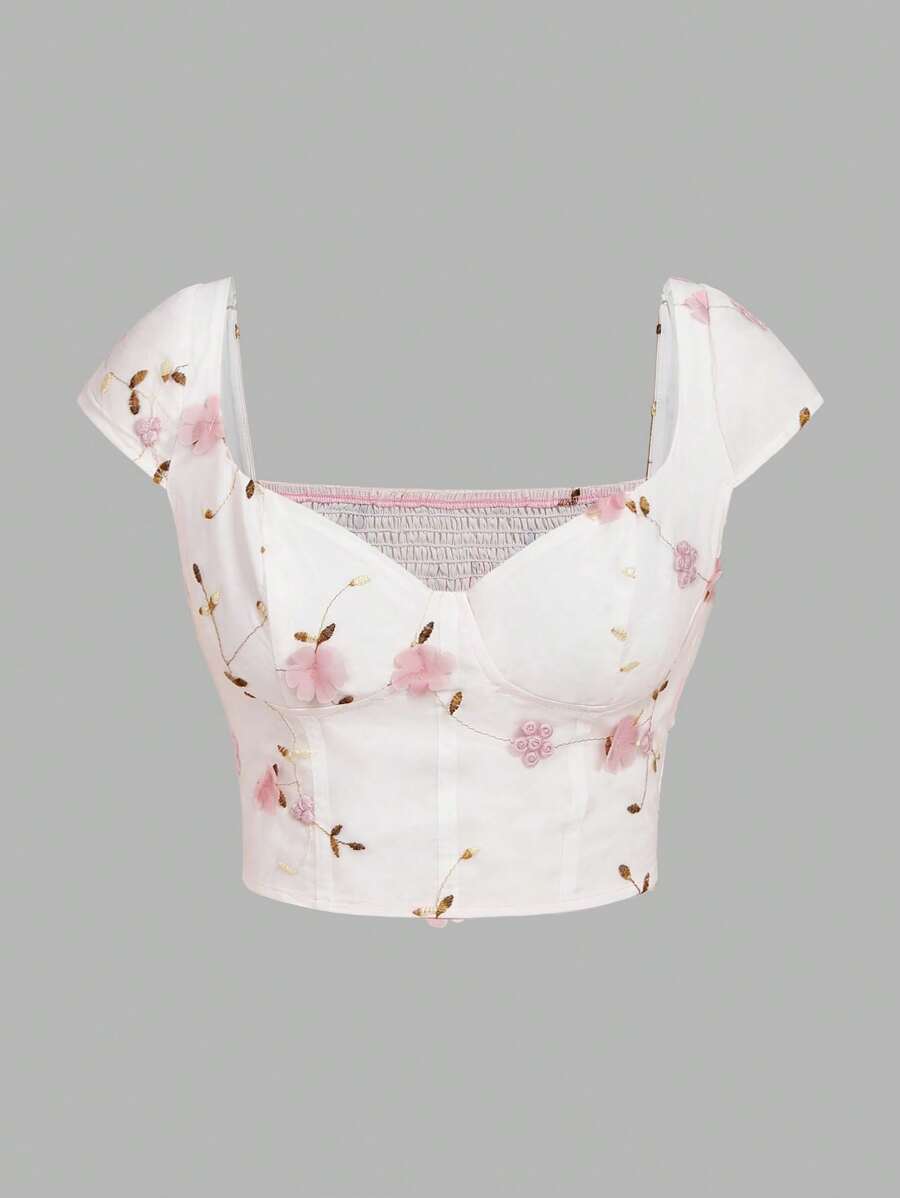 SHEIN Privé 女士优雅花卉刺绣修身短款衬衫，适合通勤、派对、度假、约会、婚礼和生日，春季 - 彩色 - 查看 1