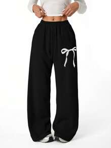 SHEIN Tween Girls Bow Graphic Loose Straight Leg Sweatpants, Suitable For Casual And Commuting Wear - Black - View 6