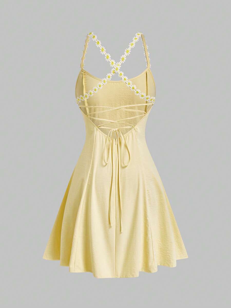 Sweetra American Style Backless Sweet Tie String Spaghetti Strap Summer Dress For Girls - Yellow - View 1