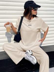 SHEIN EZwear Apricot Textured Casual Loose T-Shirt & Pants Set For Women - Apricot - View 6