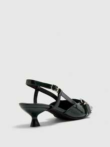 CUCCOO BIZCHIC Women's Fashion Pointy Toe Chain Link Exposed Heel Kitten Heel Pumps, Commute-Friendly - Dark Green - View 8