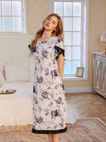 CottageSlumber 女士花卉印花短袖睡裙娃娃装，袖口不对称，荷叶边设计，完美夏季穿着