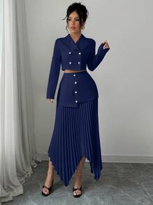 Elenzga 女士 2 件套：领口修身双排扣短款夹克 + 褶皱拼布不对称裙子，优雅