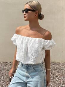 Livesso Áo kiểu croptop tay ngắn trễ vai màu trơn thanh lịch dành cho nữ, thích hợp cho kỳ nghỉ hè, du lịch hoặc đi nghỉ mát. - trắng - Xem 1