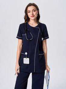 Scrubzie Camice da infermiera donna con scollo asimmetrico e tessuto a contrasto di colore, a maniche corte