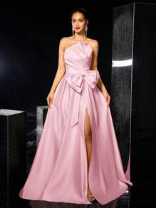 Glamrae 优雅浪漫缎面不对称荷叶边露肩大蝴蝶结装饰高开衩至大腿长裙，适合晚会、庆典、约会、正式场合、礼服、婚礼宾客 - 粉色 - 查看 7