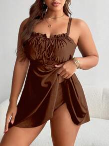 Swim Lushoire Women Plus Size Black Swimdress With Ruffled Tie-Up Front For Summer Beach Vacation - Brown - View 4