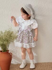 Blossori Baby Girls Elegant Ruffled Collar Blouse & Ditsy Floral Suspender Skirt 2 Pieces Sets, Spring/Summer - Multicolor - View 1