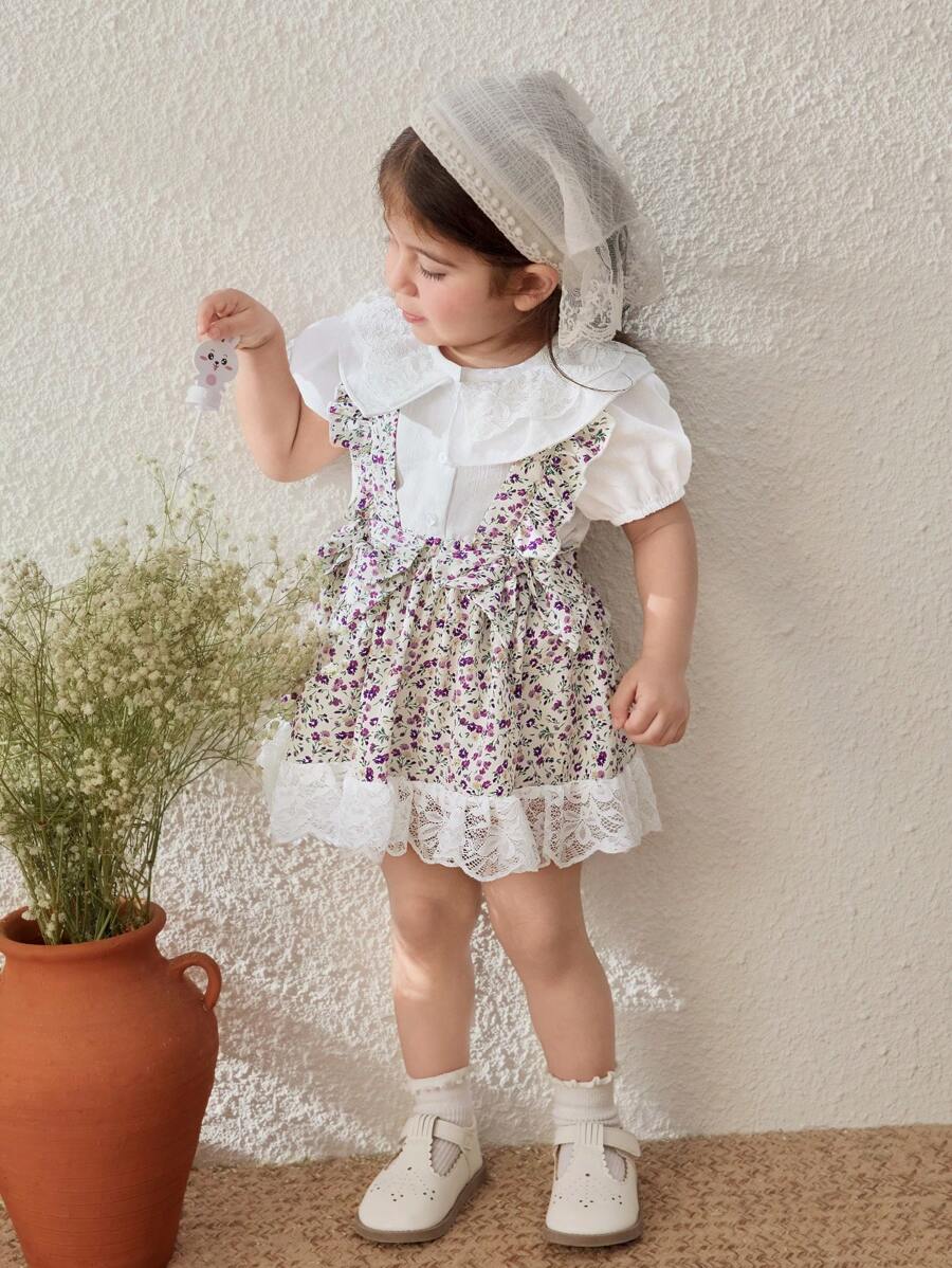 Blossori Baby Girls Elegant Ruffled Collar Blouse & Ditsy Floral Suspender Skirt 2 Pieces Sets, Spring/Summer - Multicolor - View 1