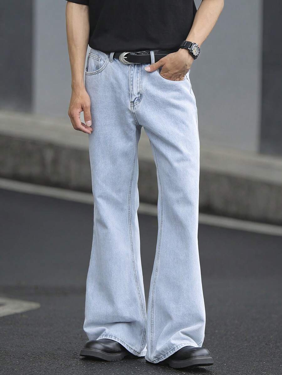 Claim Dot Men's Retro Light Wash Denim Flare Jeans: Stylish Zipper Fly Long Jeans For A Vibe - Light Wash - View 1