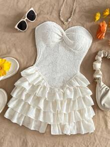 Soleia Mono sexy con espalda descubierta, volantes entrelazados y textura por capas