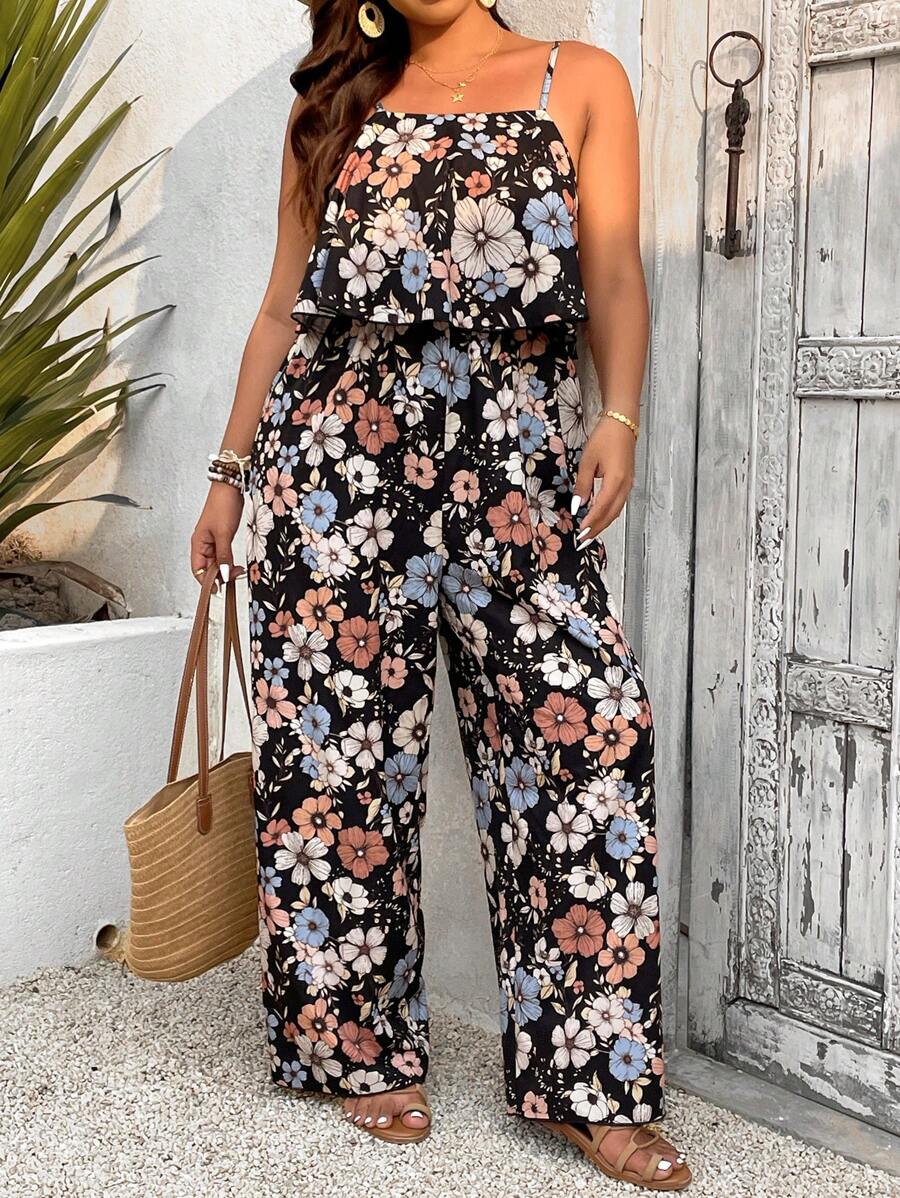 SHEIN VCAY Plus Size Printed Jumpsuit With Adjustable Strap, Fashionable Summer Outfit - Multicolor - View 1