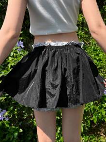 SHEIN 青少年休闲简约舒适拼布拼色荷叶边下摆短裤