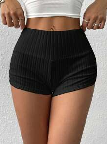 SHEIN EZwear 女士黑色褶皱针织短裤，夏季时尚 - 黑色 - 查看 5