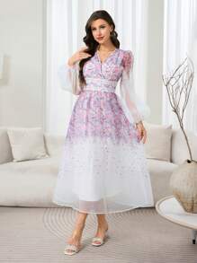 Modelyn Women V-Neck Long Sleeve Printed Elegant Simple Arabian Dress - Multicolor - View 3