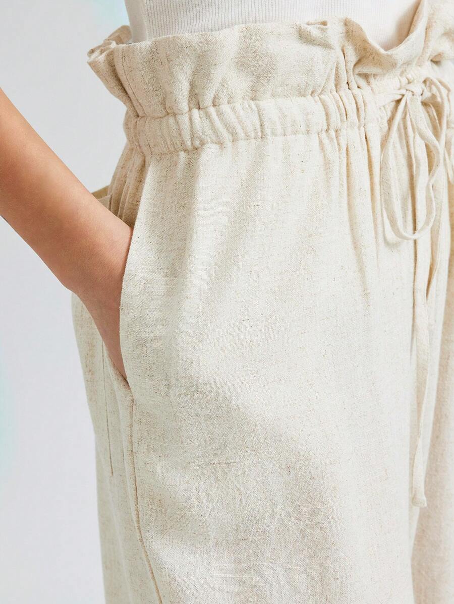 Ontre 2025 New Arrival Elastic Waist Ruffle Hem Casual Pants, Vacation Style Full Elastic Waistband Wide Leg Trousers For Women, Spring/Summer Everyday Wear - Apricot - View 1