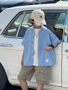 Tween Boy Oversized Casual Stand Collar Short Sleeve Shirt, Suitable For Kids, Back To School, Boys Sets For Birthday Parties, Evening Parties, Performances, Weddings, Baptisms, Opening Ceremonies, Daily Wear, School, Travel, Sports, Spring And Summer