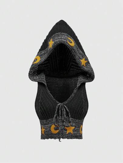 Hippie Suéter holgado con capucha de punto con estampado de sol y luna, para tallas grandes y estilo hippie bohemio