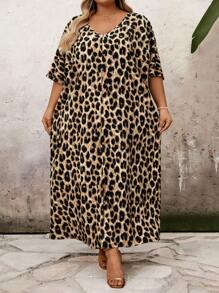 SHEIN CURVE+ CURVE 大码 V 领长袖纯色拼接宽松休闲连衣裙，Curve Plus，波西米亚风女士度假海滩装/沙滩裙/海滩度假装/海滩必备品/毕业/茶会礼服 - 棕色 - 查看 8