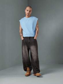 SUMWON Débardeur style urbain sans manches - Hauts courts d'été de festival en coton. Débardeur pour le sport, la gym, l'entraînement musculaire, oversize, décontracté, streetwear - Bleu ciel - Voir 3