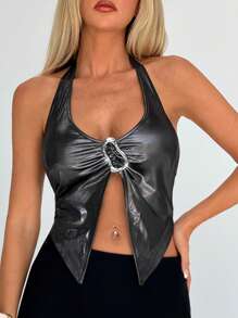 Aloruh Women's Metal Texture Open Front Halter Neck Backless Camisole Top - Silver - View 4