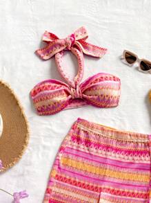 Soleia 2件套女士波浪条纹露脐吊带背心，适合海滩度假、春夏穿着，适合西部音乐节、波西米亚风假日等场合。 - 彩色 - 查看 3