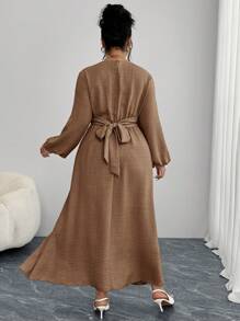 Modelyn Plus Size Simple Elegant Textured Lantern Sleeve Dress - Khaki - View 7