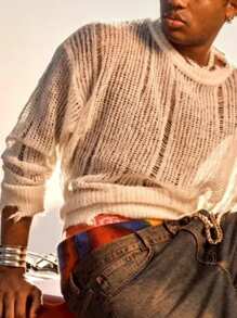 Manfinity Roghcode Plain Color Long Sleeve Sweater, Minimalist Fashion Suitable For Summer Long Sleeve Tops - Apricot - View 1