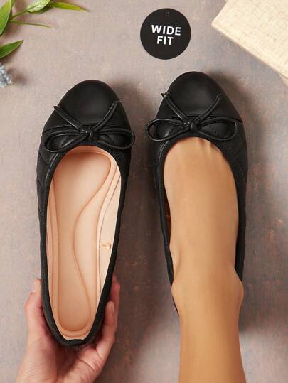 SHUZIA Women's Wide Fit Jet Black Quilted PU & Architectural Toe Ballet Flats-French-Inspired Geometric Stitch For Brunch To Evening Mother's Day Present For Christmas