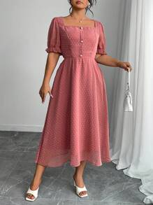 Elenzga Plus Size Women Summer Chiffon Jacquard A-Line Dress - Coral Pink - View 5