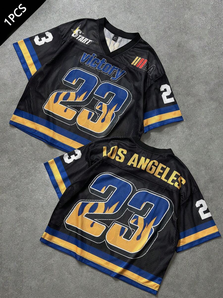 Aesthetic Post 男士时尚街头火焰运动风大号英文印花短款V领短袖T恤，夏季T恤，男士街头T恤，男士时尚T恤。面料舒适，做工精良，适合日常穿着、外出、上学、朋友聚会。可作为送给男朋友和朋友的礼物。 - 彩色 - 查看 1