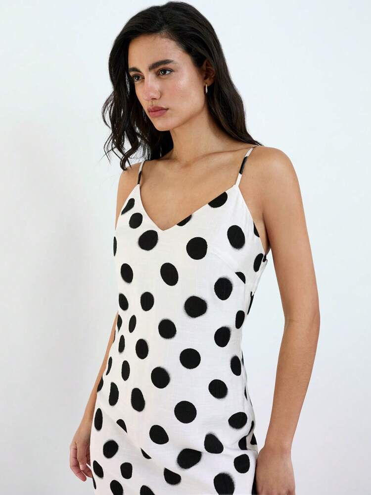 SHEIN Maija 2015 Summer New Elegant Business Casual Graduation Brunch Wedding Guest Daily Versatile White Retro Polka Dot Adjustable Strap V-Neck Side High Slit Mid-Length Dress, For Work, Easter, Music Festivals